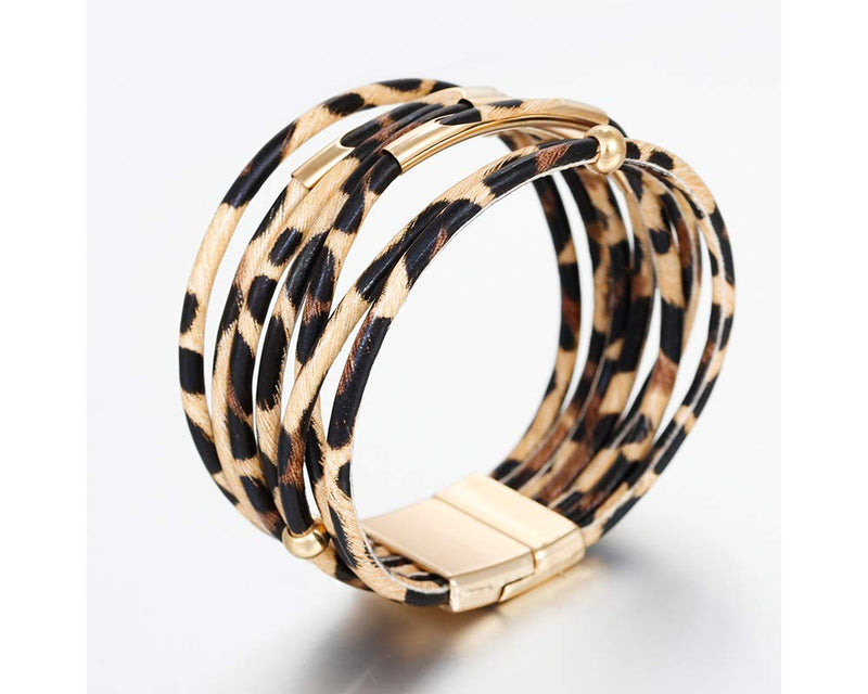 [Australia] - Fesciory Leather Wrap Bracelet for Women, Leopard Multi-Layer Magnetic Buckle Cuff Bracelet Jewelry A1-Brown Leopard 