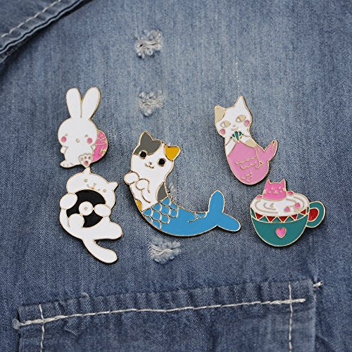 [Australia] - WINZIK Lapel Pins Set Novelty Cute Cartoon Brooch Badges for Children Adults Clothes Backpacks Decor Cute Cat Mermaid Rabbit Pins Set of 5 