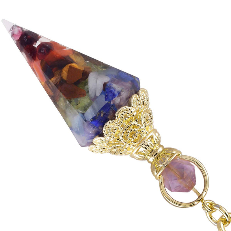 [Australia] - Nupuyai 7 Chakra Healing Crystal Point Dowsing Pendulum for Divination Scrying, Resin Chip Stone Faceted Hexagonal Pendulum with Chain 03-multicolour/7 Chakra 