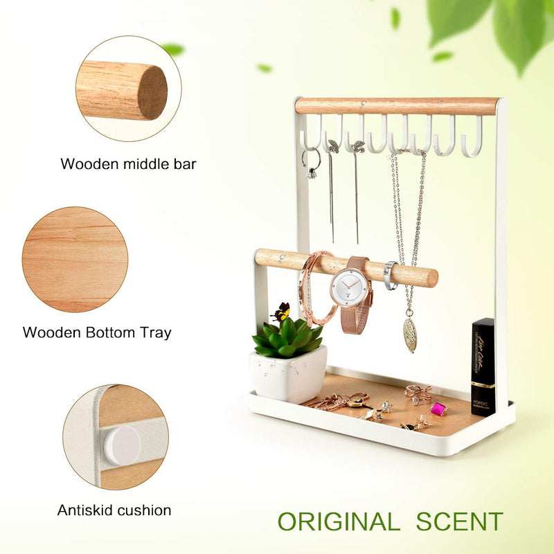 [Australia] - PAMANO Jewelry Stand Holder, 3-Tier Necklace Hanging Wooden Ring Organizer Earring Tray, 8 Hooks Storage Necklaces, Bracelets, Rings and Watches on Desk Tabletop- White 3T 