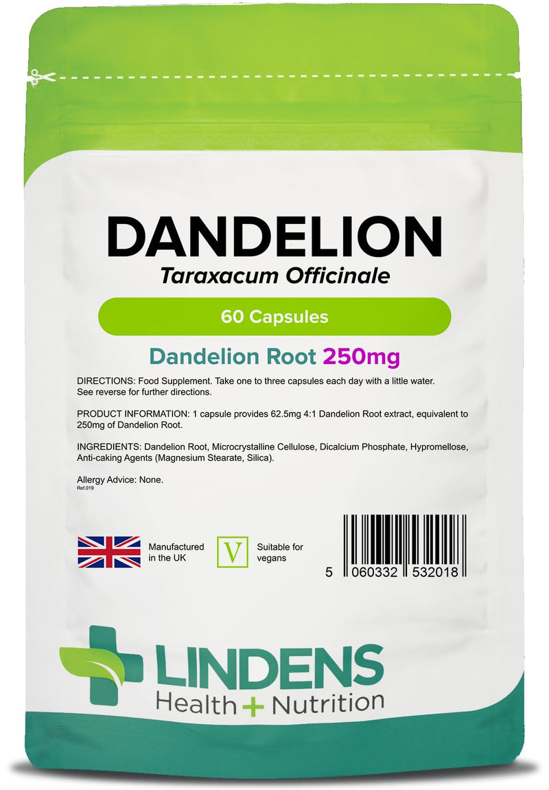 [Australia] - Lindens Dandelion 250mg - 60 Capsules - UK Made - Water Retention, Detox & Cleanse - Taraxacum Officinale - High Strength Root Extract - Traditional Herbal Supplement - GMP & Letterbox Friendly 