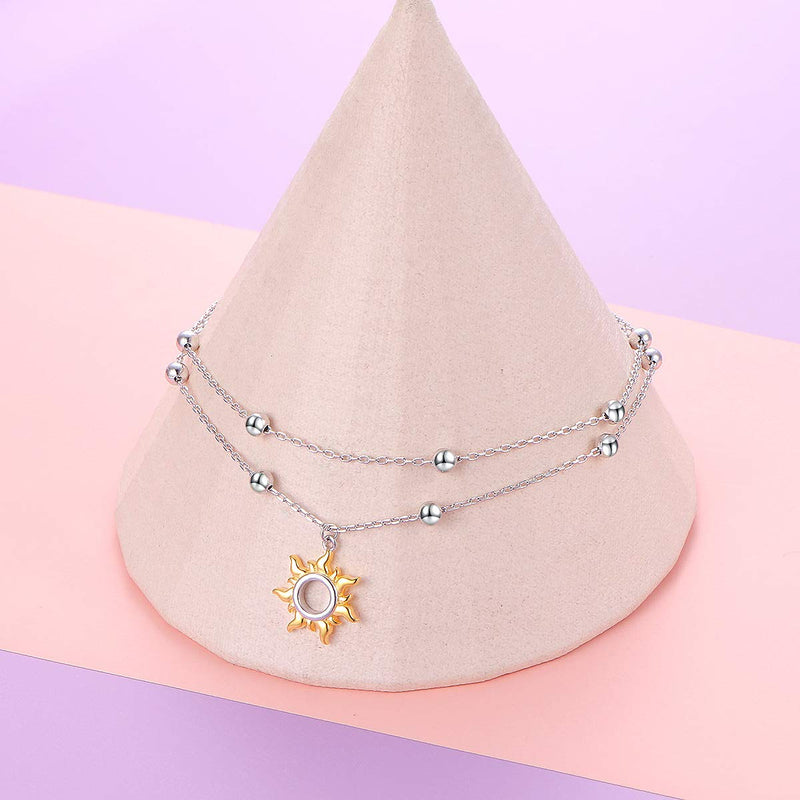 [Australia] - Star and Moon Sun Layered Anklet 925 Sterling Silver for Women Girls Adjustable Mermaid Tail Beads Ankle Bracelet Crescent Boho Beach Foot Chain 9+1 Inch Charm Jewelry Best Birthday Gifts Gold Sun 