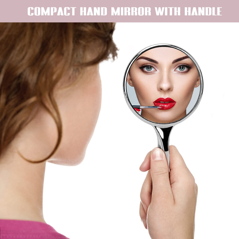 [Australia] - Handheld Compact Mirror with Handle for Girls and Women, Personal Cosmetic Round Makeup Mirrors, Portable Travel Mirror with Distortion Free, Pink and Silver 