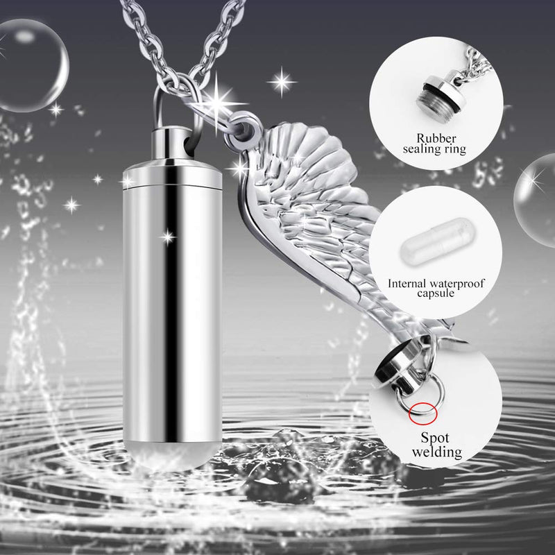 [Australia] - Cylinder Cremation Urn Necklace for Ashes Memorial Keepsake Pendant with Angel Wing Stainless Steel Remembrance Jewelry Silver M non-engraving 