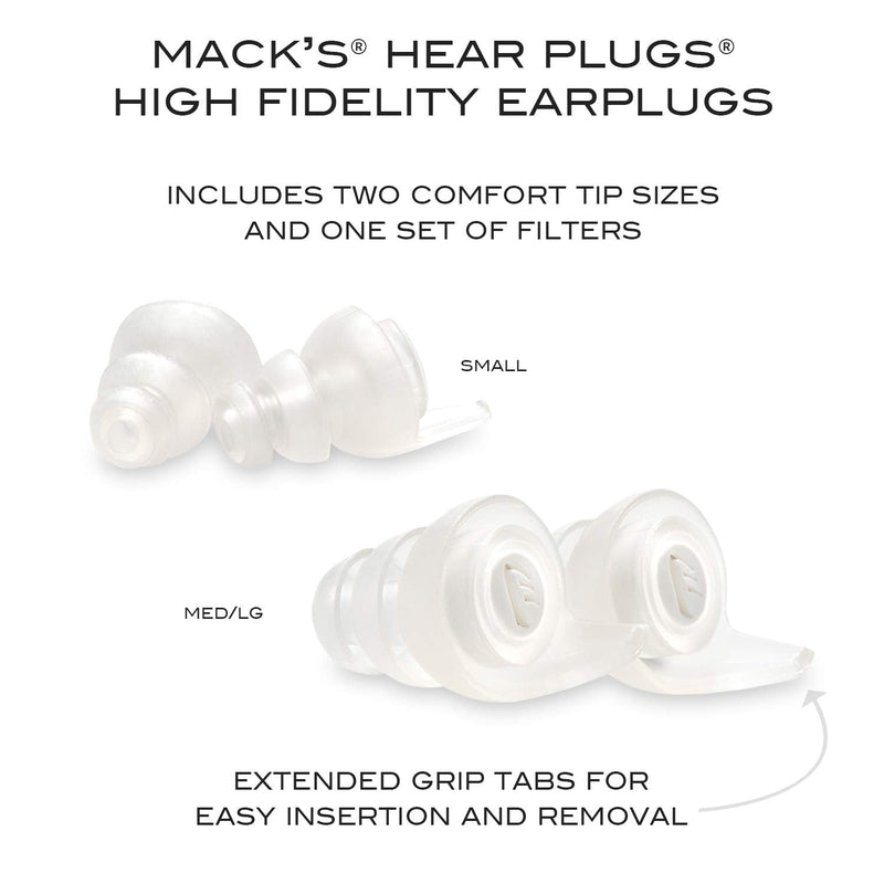 [Australia] - Mack's High Fidelity Ear Plugs for Concerts, Musicians, Motorcycles, Noise Sensitivity - 1 Pair (2 Comfort Tip Sizes) - Clear Hear Plugs with Case 