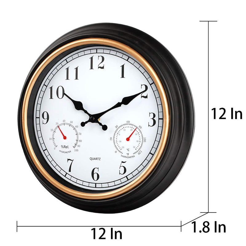 [Australia] - HYLANDA 12 Inch Indoor/Outdoor Retro Silent Non Ticking Wall Clock with Thermometer&Hygrometer Combo, Decorative Wall Clocks Battery Operated for Kitchen Home Bathroom Patio(Black Gold) 12 Inch Black-gold 