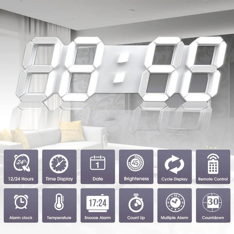 [Australia] - 3D White Digital Wall Clock LED Large Alarm Clock Adjustable Brightness 12/24 Hours Display and Date Display for Kitchen Homes Offices Gyms (15inch) 15 inch 
