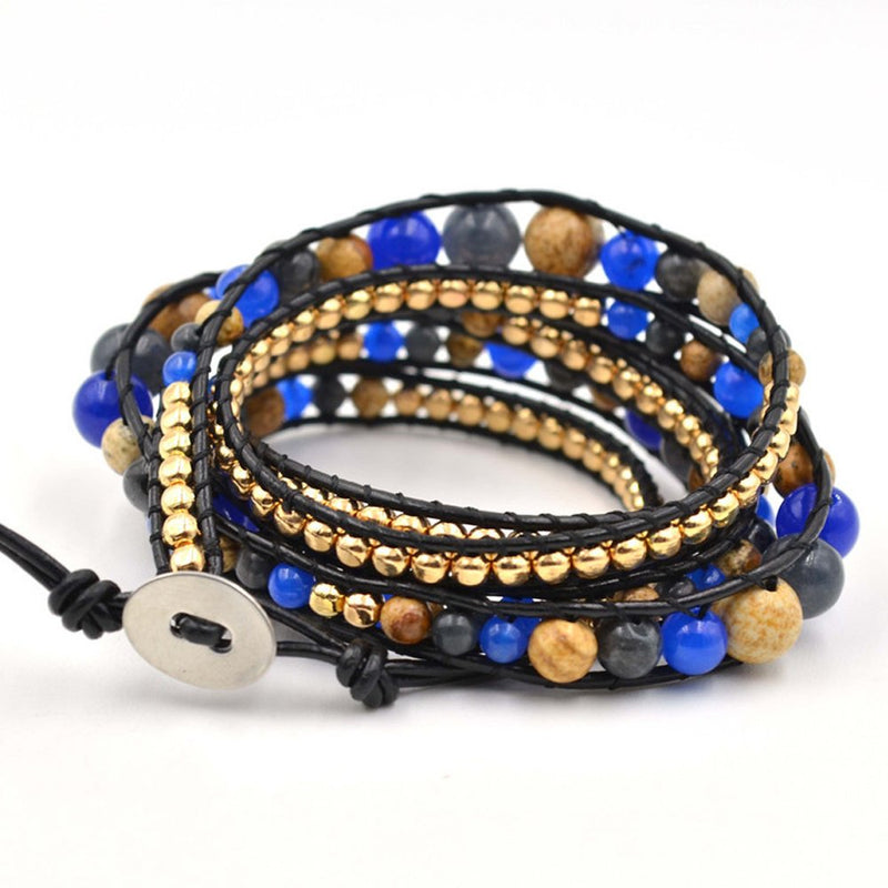 [Australia] - HQLA 3/5 Wrapped Braide Leather Around Bead wrap Bracelets Bangle Cuff with Faceted Mixed Multicolor Natural gem Beads for Women Girls Men 5-wrap copper & mixed stone beads 