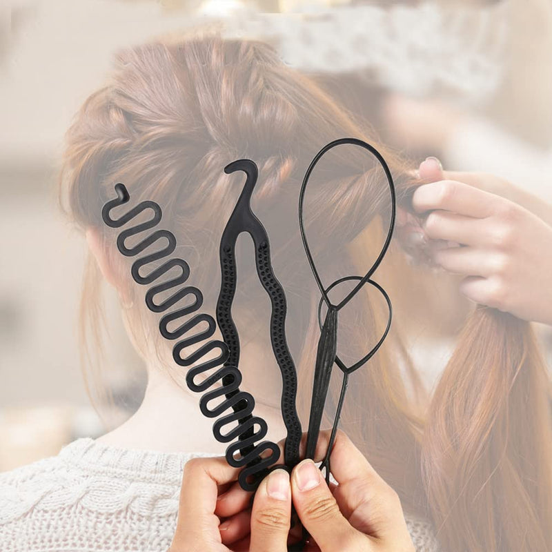 [Australia] - Hair Styling Set, Fashion Hair Design Tools Accessories Hair Style Bun Braid Maker Kit Stretch DIY Modelling Loop Tool Magic Simple Fast Spiral Hair Braiding Topsy Tail for Hairdress Girls Women(4Pcs) 