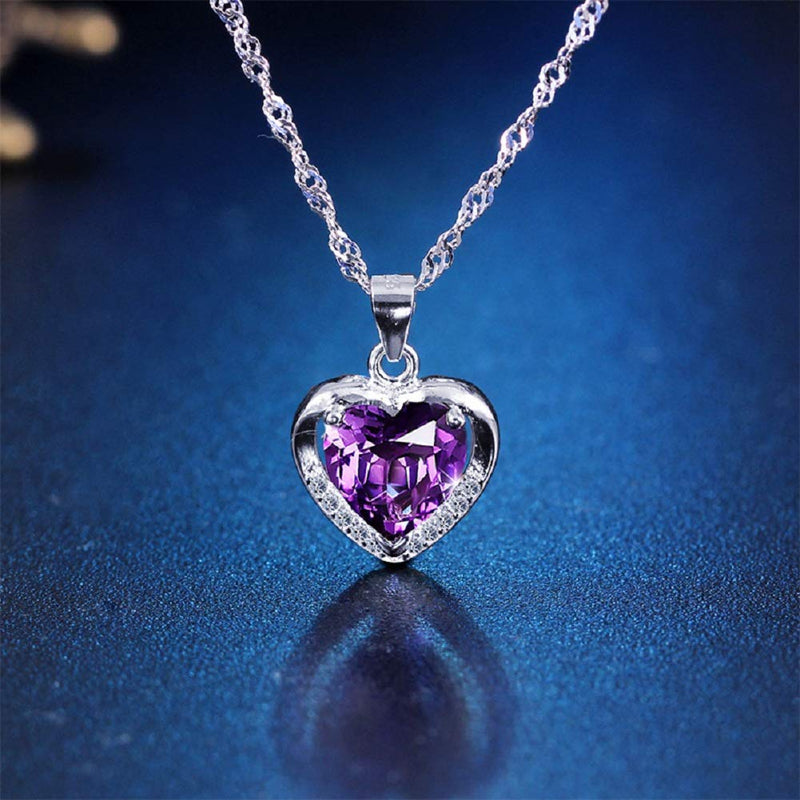 [Australia] - Lam Sence Sterling Silver 8mm Heart Shape Crystal with Cubic Zirconia Pendant Necklace Purple 