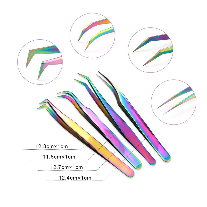 [Australia] - Nibiru Eyelash Extension Tweezers Set, 4 PCS Stainless Steel Curved Tip Precision Tweezers Anti-static Professional Makeup Tool (4pcs, Rainbow) 