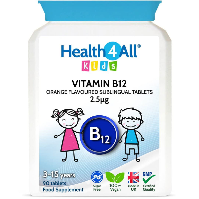 [Australia] - Kids Vitamin B12 2.5mcg Sublingual 90 Tablets (V) Vegan Methylcobalamin Chewable Tablets for Children. Orange Flavoured. Made in The UK by Health4All 90 Count (Pack of 1) 