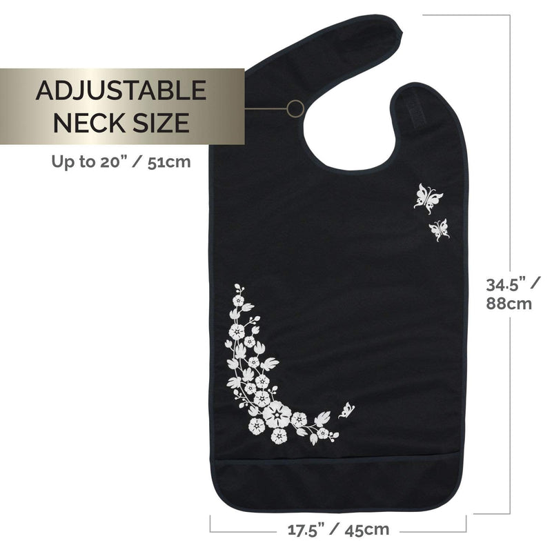 [Australia] - Modaliv Adult Bib for Women - Embroidered Waterproof Clothing Protector with Crumb Catcher - Reusable - Machine Washable (Flowers and Butterflies) 