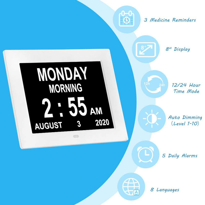 [Australia] - [2022 Newest] 7.5 INCH Digital Calendar Day Clock 8 Alarm Reminders Brightness Level 1-10 Extra Large Non-Abbreviated Date Time Day of The Week Demenita Clocks for Senior Elderly Patients 7.5" White 