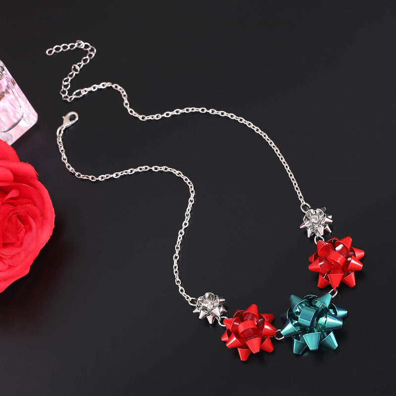 [Australia] - VOGUEKNOCK Gift Bow Necklace Christmas Bow Collar Necklace Xmas Jewelry Gift Red Green Bows Silver 