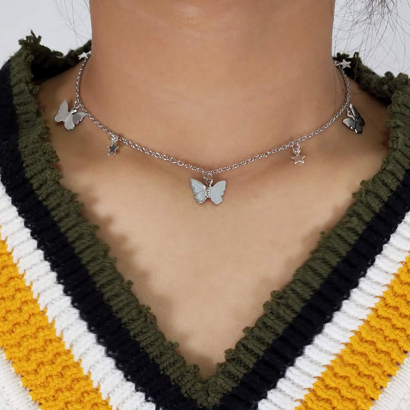 [Australia] - ROSTIVO Butterfly Necklace for Women and Girls Cute Star Butterfly Choker Necklace (Silver) 