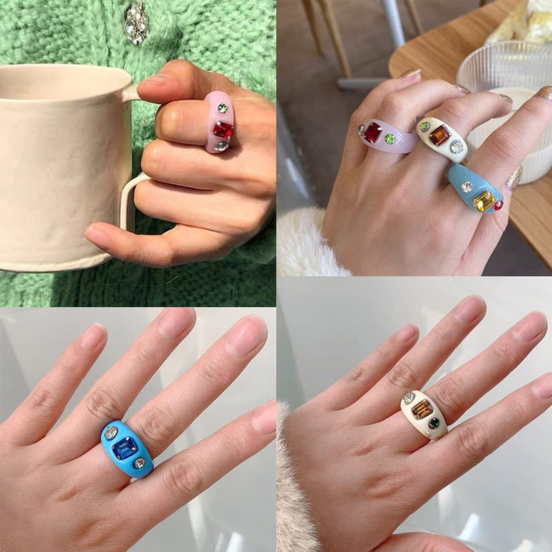 [Australia] - nylry 9/12 Pcs Resin Rings for Women Y2K Cute Plastic Colorful Ring Retro Acrylic Finger Ring Set Stackable Square Ring Adjustable Open Band Size 6 7 8 9 A 