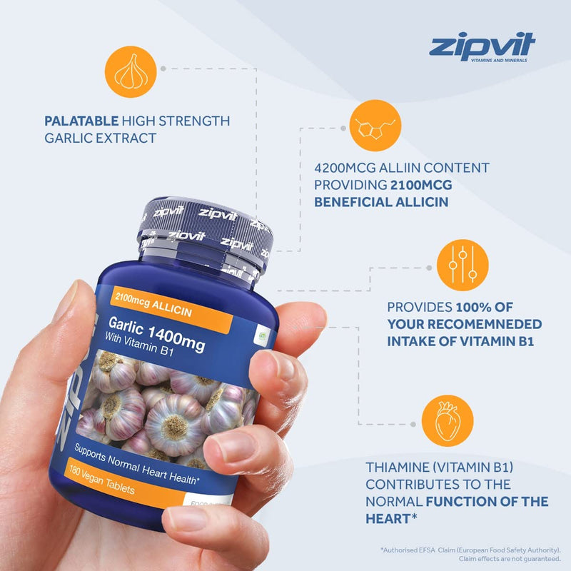 [Australia] - Garlic Tablets 1400mg, 2100mcg Allicin per Tablet with Added Vitamin B1. Supports Heart Health. 180 Vegan Tablets. 6 Months Supply. 