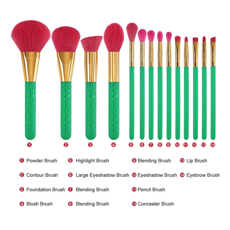 [Australia] - Docolor Makeup Brushes Summer Heat 14 Piece Makeup Brushes Set Premium Synthetic Kabuki Foundation Blending Face Powder Mineral Eyeshadow Make Up Brushes Set 
