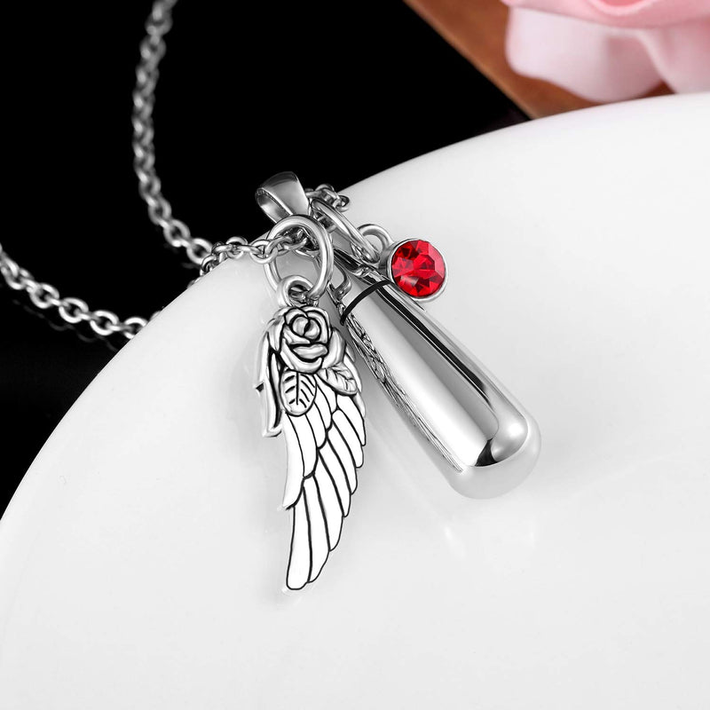 [Australia] - Angel Wing+12 Birthstones+Teardrop Heart Pendant Keepsake Ashes Urn Pendant Necklace,Cremation Jewelry for Pet/Human（Silver) 