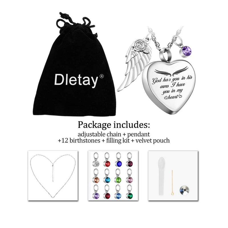 [Australia] - Dletay Heart Urn Necklace for Ashes with 12 Birthstones Angel Wing Cremation Jewelry for Ashes-God Has You in His Arms, I Have You in My Heart God has you in his arm 