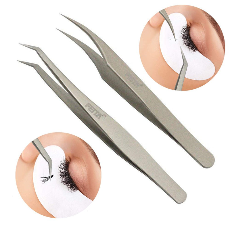 [Australia] - Volume Eyelash Extension Tweezers - FEITA Professional Stainless Steel Angled curved Pointy Precision Tweezer Set for Single Lash, 3D-6D Volume Lashes, Hair Removal (2 Pcs) 