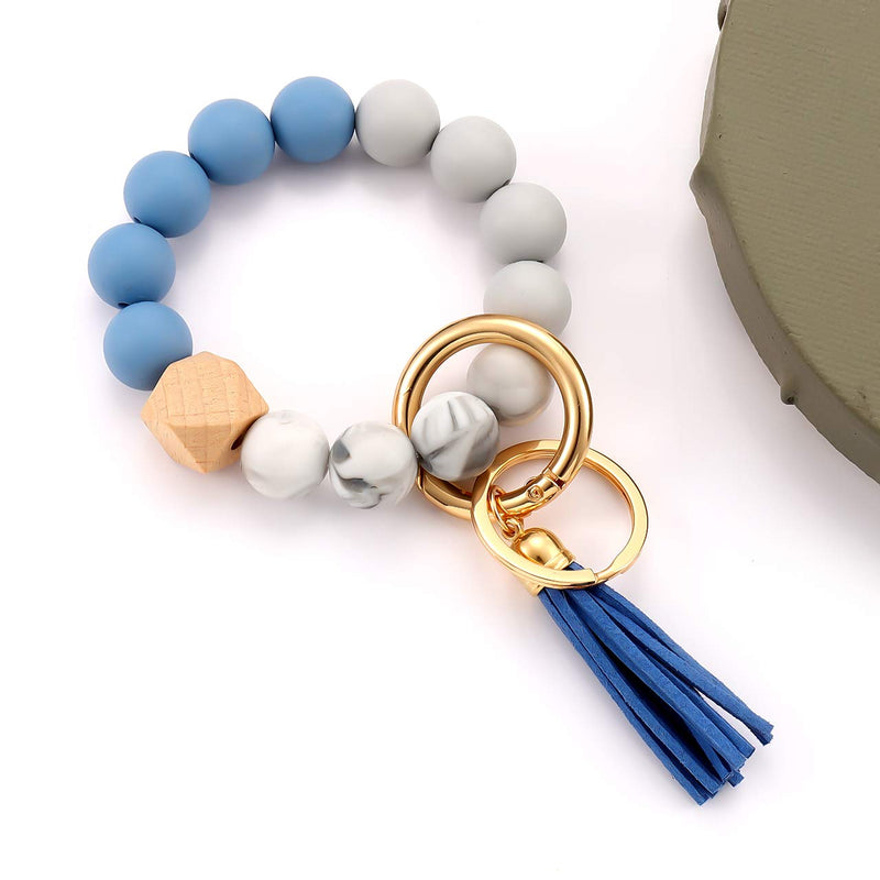 [Australia] - Silicone Bracelet Keychain Wristlet Bangle Keyring Portable House Car Keys Ring Holder W/ Tassel Blue 