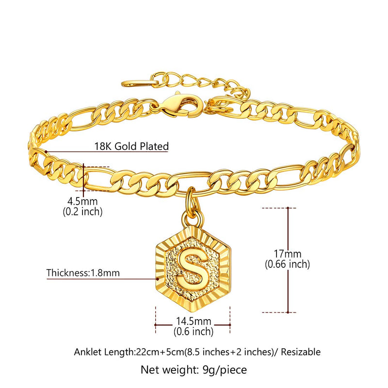 [Australia] - U7 Monogram A-Z Ankle Bracelets for Women Men 18K Gold Plated 4.5mm Figaro Chain Initial Anklet Name Bracelet with Letter Alphabet Foot Jewelry with 2 Inch Extender,with Custom Engrave,Gift Packed Letter S 