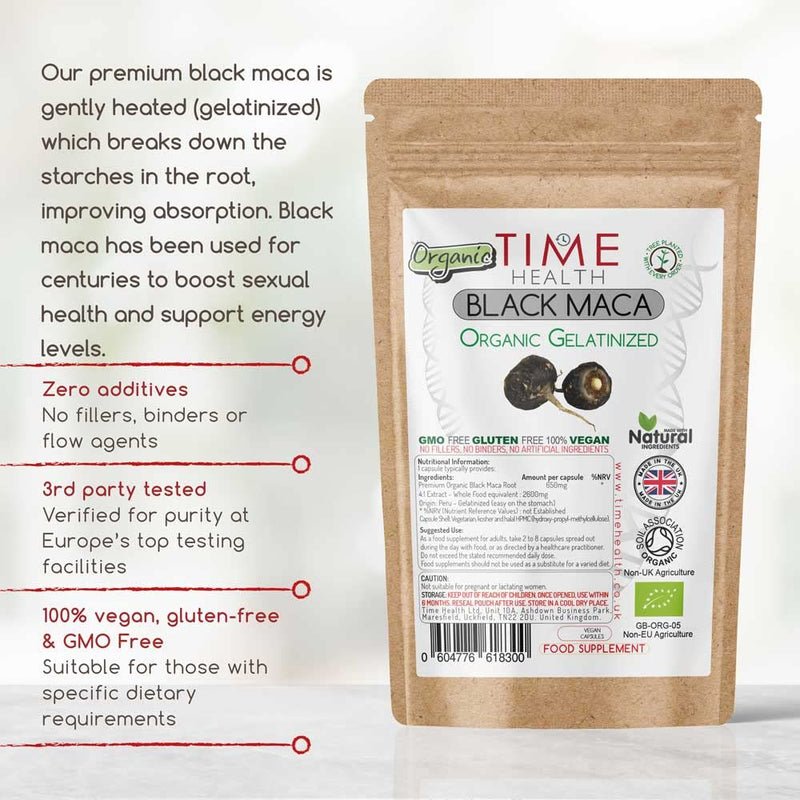 [Australia] - Gelatinized Black Maca Root - 2600mg Wholefood Equivalent - Peruvian - Soil Association Certified Organic - Vegan - GMP Standards - No Fillers, Binders or Flow Agents - Pullulan (120 Capsules) 120 Count (Pack of 1) 