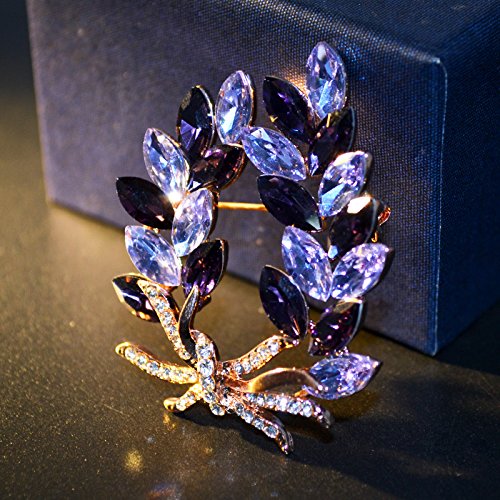 [Australia] - Gyn&Joy Gold Tone Olive Leaf Branch Swarovski Element Crystal Rhinestone Holiday Pin Brooch BZ054 Purple 