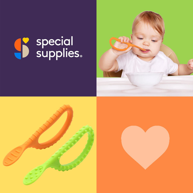 [Australia] - Special Supplies Duo Spoon Loops Oral Motor Therapy Tools, 2 Pack, Textured Stimulation and Sensory Input Treatment for Babies, Toddlers or Kids, BPA Free Silicone with Flexible, Easy Handle Green + Orange 