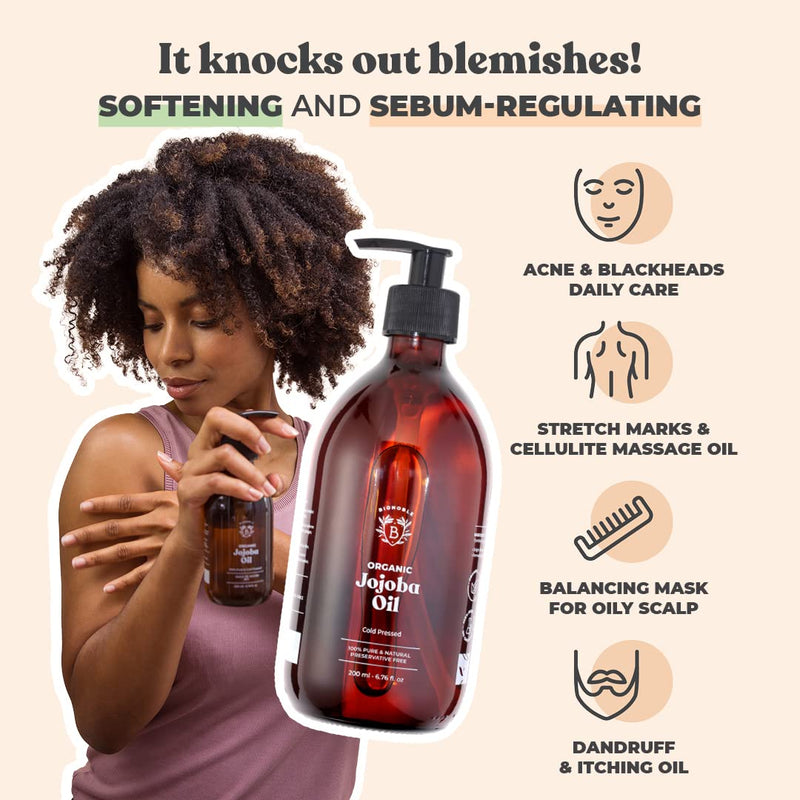 [Australia] - ORGANIC JOJOBA OIL | 100% Pure, Natural & Cold Pressed | Face, Body, Hair, Beard, Nails | Vegan & Cruelty Free | Glass Bottle + Pump (200ml) 200ml 