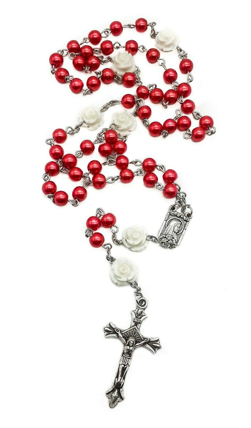 [Australia] - Nazareth Store Catholic Red Pearl Beads Rosary Jerusalem Necklace Our Rose Lourdes Medal & Cross NS 