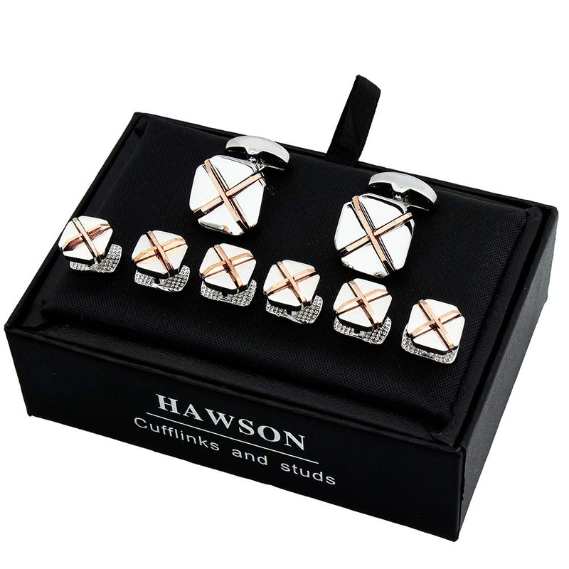 [Australia] - HAWSON Cufflinks and Studs for Men-Fashion Mens X-Shaped and Square Cufflinks and Tuxedo Shirt Studs Set for Regular Weeding Business Accessories silver 