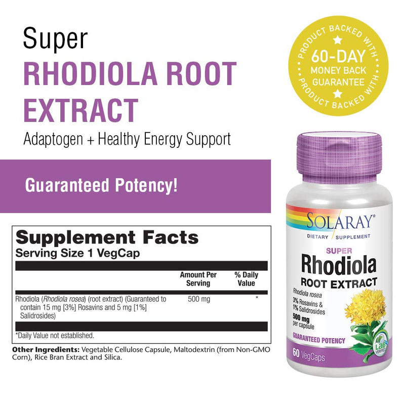 [Australia] - Solaray Super Rhodiola Root Extract 500mg | Herbal Adaptogen for Healthy Stress & Energy Support | Guaranteed Potency | Non-GMO & Vegan | 60 VegCaps 