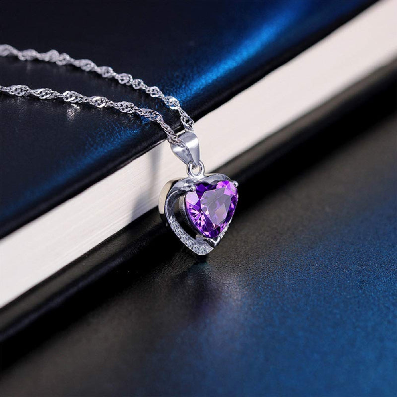 [Australia] - Lam Sence Sterling Silver 8mm Heart Shape Crystal with Cubic Zirconia Pendant Necklace Purple 