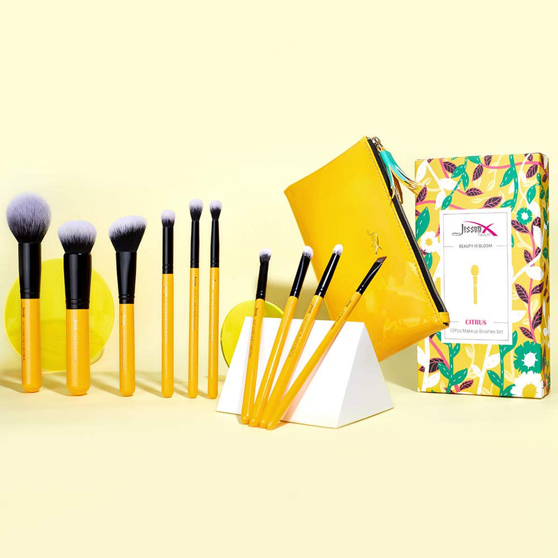 [Australia] - Jessup Makeup Brushes Set with Makeup Bag, 10 Pcs Premium Synthetic Powder Foundation Blush Eyeshadow Blending Concealer Eyeliner Brushes for Girls and Women, Citrus T276 
