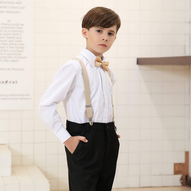 [Australia] - Kids Suspender Bowtie Necktie Sets - Adjustable Elastic Classic Accessory Sets for 6 Months to 13 Year Old Boys & Girls Khaki + Champagne 26 Inches (Fit 6 Months to 6Years) 