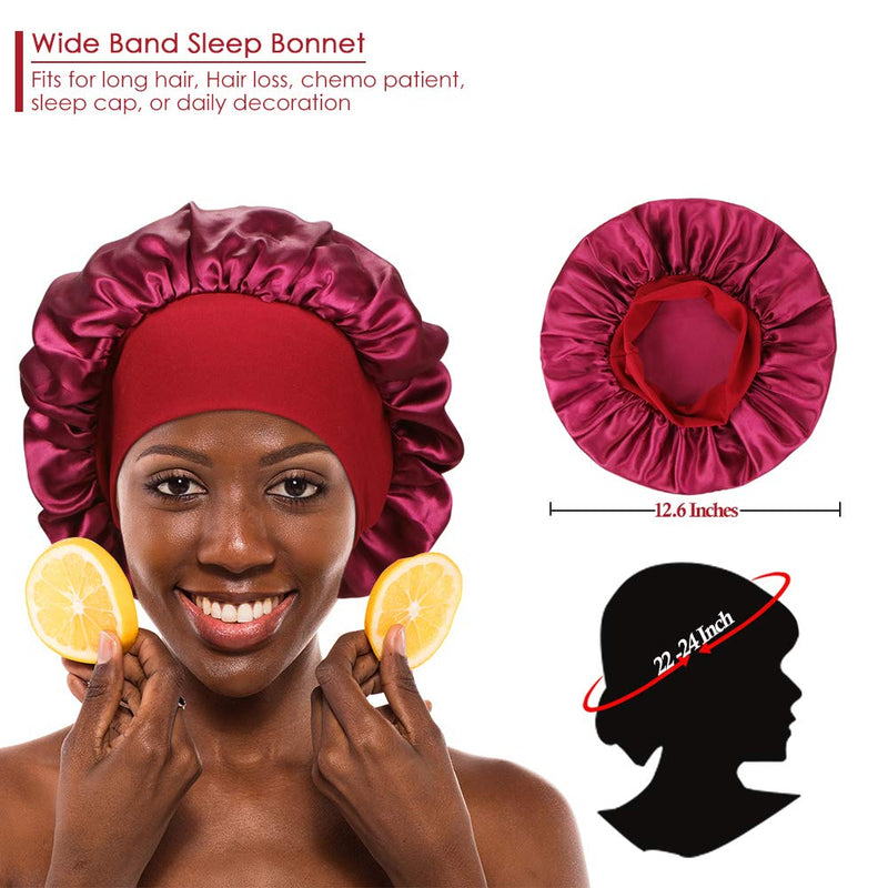 [Australia] - 2 Pieces Wide Band Satin Cap Sleep Bonnet Soft Night Sleep Hat for Women Black+Wine red 