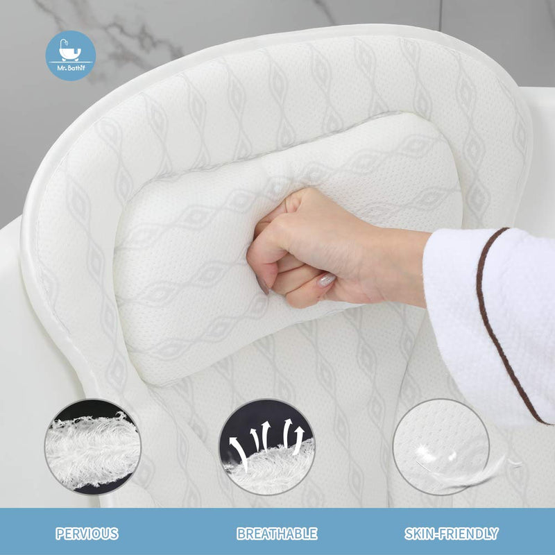 [Australia] - Mr. Bathif Bath Pillow Thicken Bathtub Pillow for Tub, 6 Powerful Suction Cups and 3D Air Mesh Breathable Spa Bath Pillows for Women & Men, Bath Tub Pillows Headrest for Neck, Shoulder 3D bath pillow-white+grey 