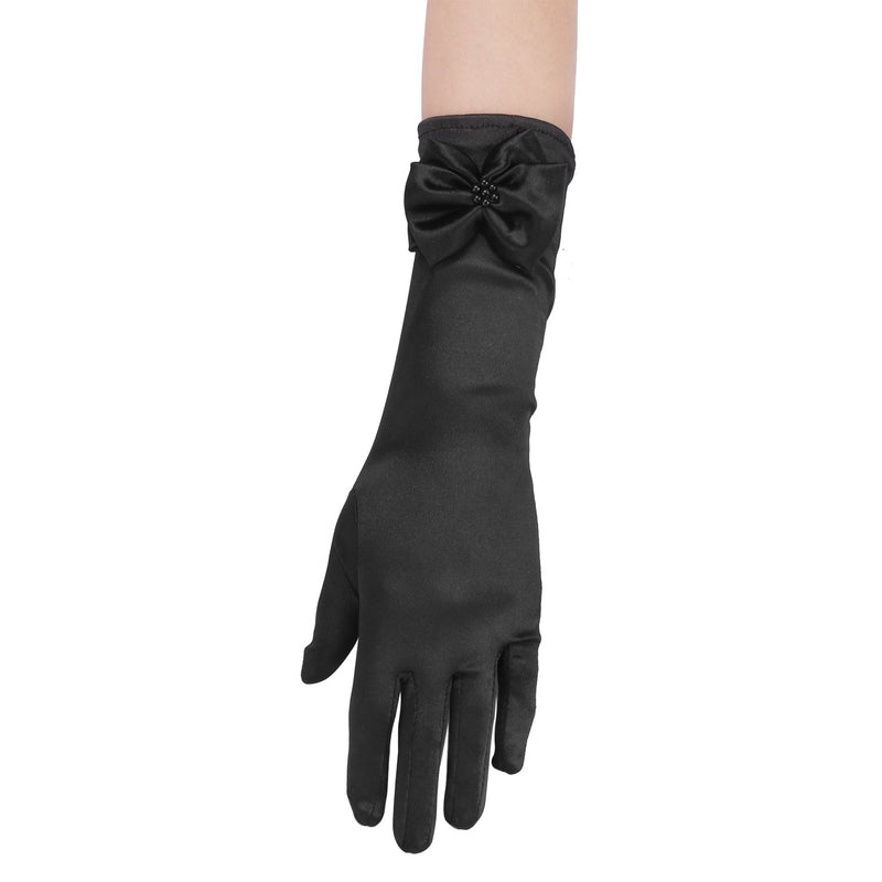 [Australia] - Kids Long Satin Formal Gloves,Full Finger w/Pearl Bowknot for Girls Wedding Dress,10BL One Size Black 