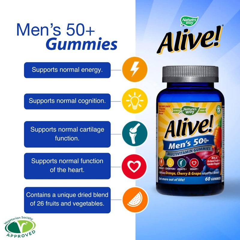 [Australia] - Alive! Men's 50+ Multivitamin Gummies, A Unique Dried Blend of 26 Fruits and Vegetables, Specially Formulated for Men Over Fifty, Suitable for Vegetarians - 60 Gummies 