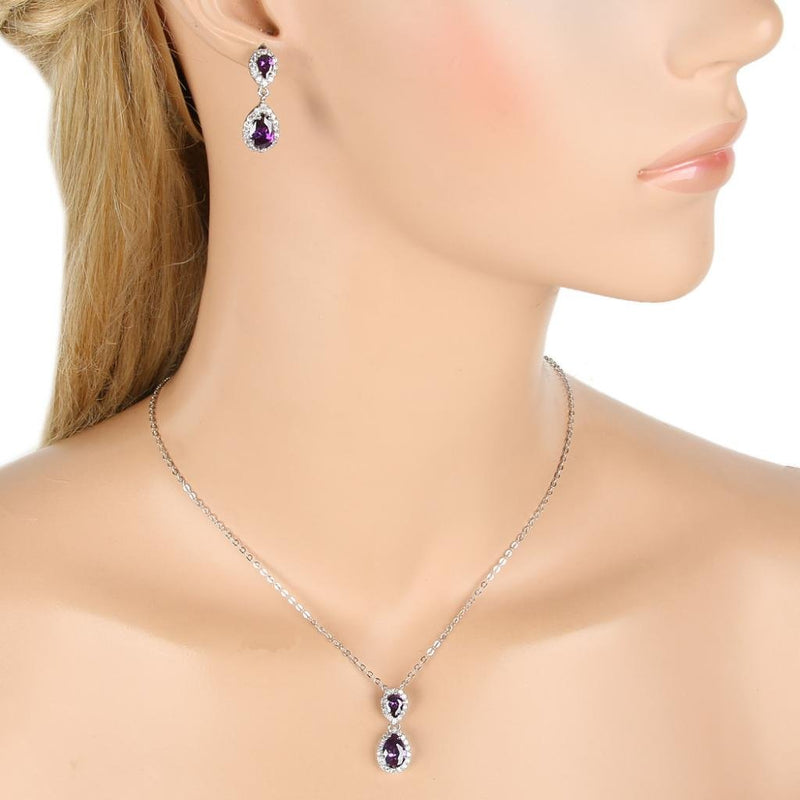 [Australia] - EVER FAITH Prong CZ Wedding 2 Tear Drop Necklace Earrings Set Silver-Tone Purple 