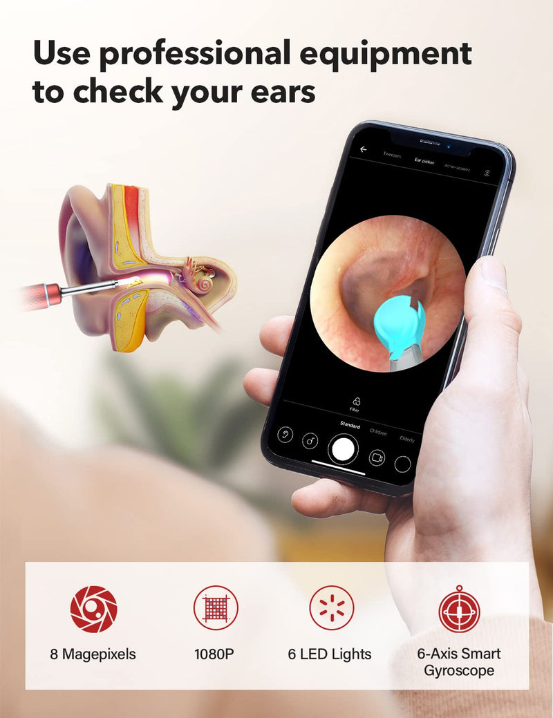 [Australia] - BEBIRDPRO Ear Wax Removal Tool Safely Cleaning Ear Canal at Home,Ear Cleaner with HD Camera and 6 LED Lights, Ear Camera and Wax Remover for iOS, Android Smart Phones M9, Red 
