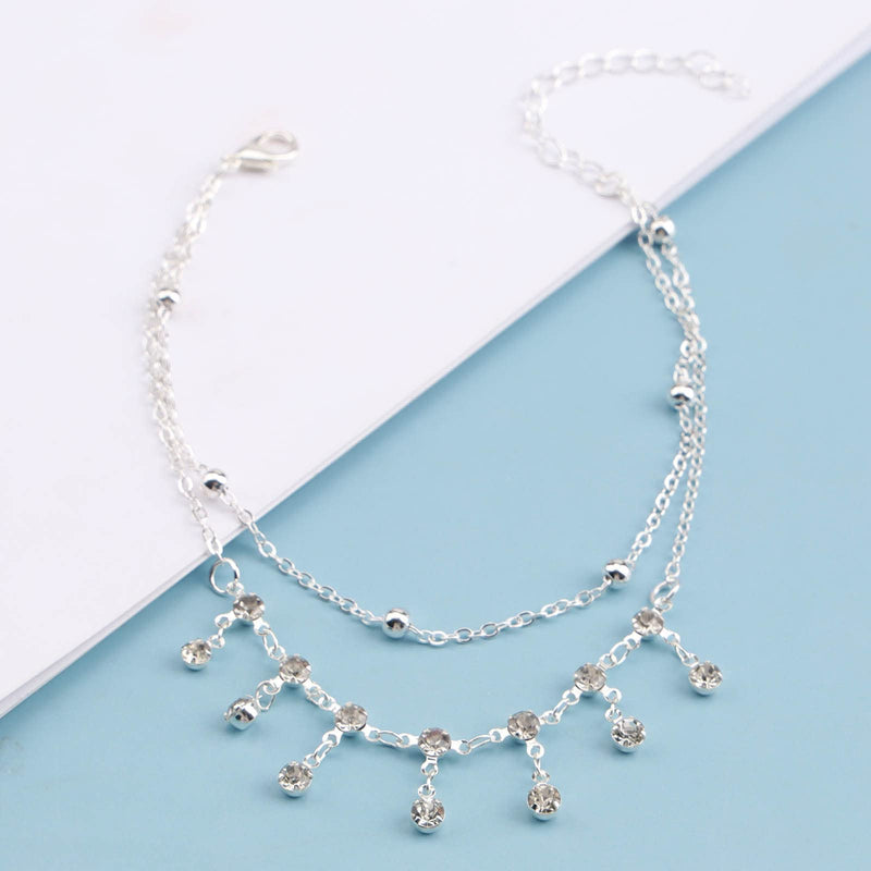 [Australia] - Yheakne Boho Layered Rhinestone Ankle Bracelet Silver Dangle Crystal Anklet Bracelets Cz Tassel Anklets Glitter Tennis Foot Chain Jewelry for Women and Girls Summer Gifts 