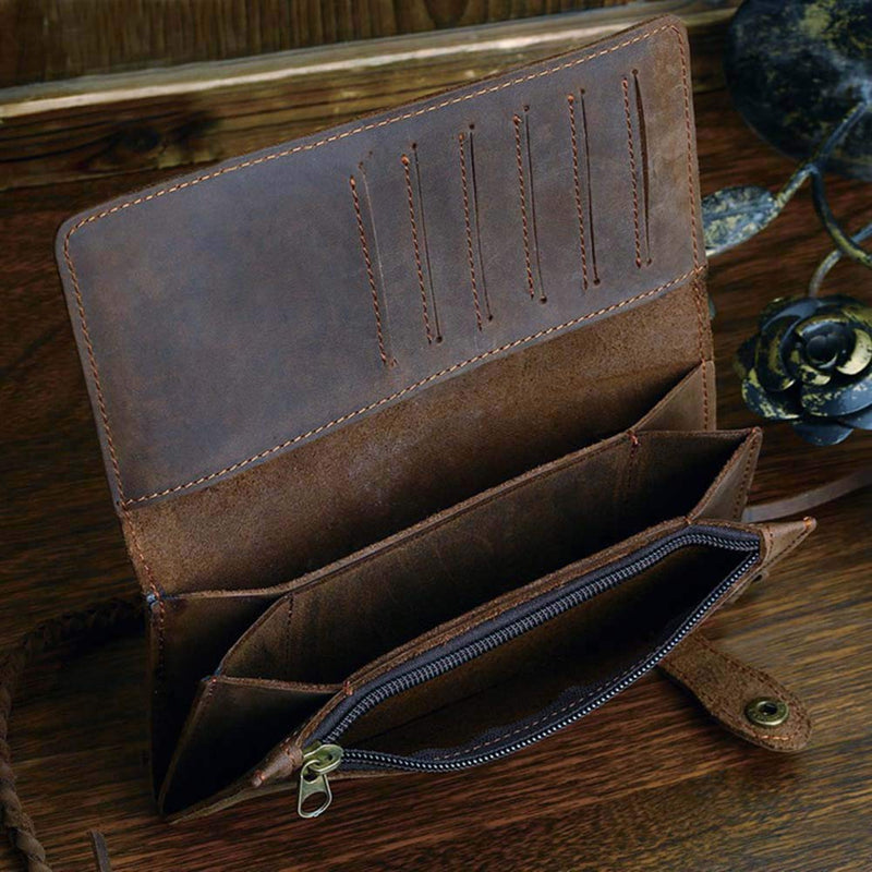 [Australia] - Le'aokuu Mens Genuine Leather Bifold Organizer Checkbook Chain Wallet (Brown Dragon) Brown Dragon 