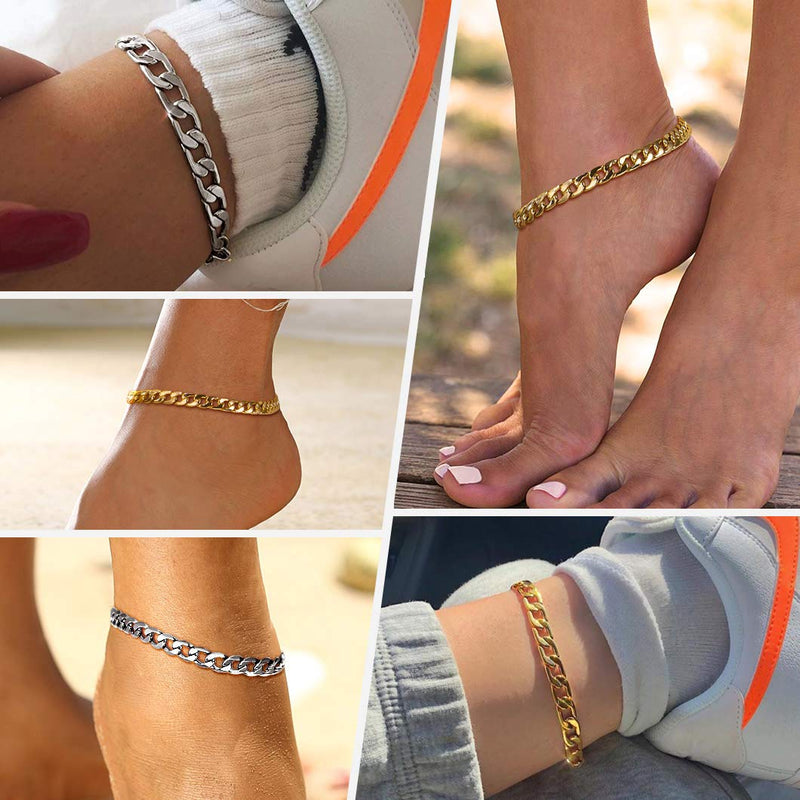 [Australia] - Cuban Link/Figaro/Wheat Chain Anklets for Women Men 8.5+2 Inch Extender Stainless Steel/18K Gold Plated Ankle Bracelets Beach or Party Foot Jewelry 01-Steel Cuban 