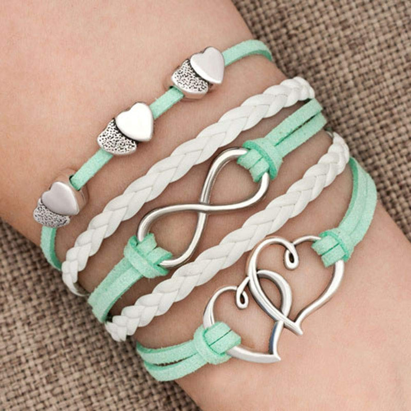[Australia] - Hithop Leather Wrap Bracelets Girls Double Hearts Infinity Rope Wristband Bracelets Gifts (Green) 