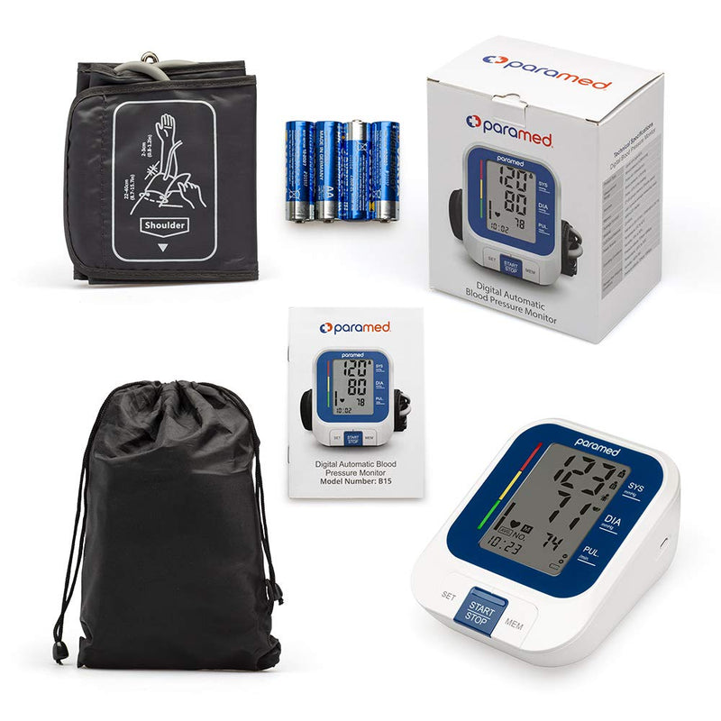 [Australia] - Paramed Blood Pressure Monitor - Automatic Upper Arm Bp Machine with Cuff 8.7"-15.7" - Digital BP Monitor - 120 Readings Memory Function, Large LCD - Batteries & Pouch Included 
