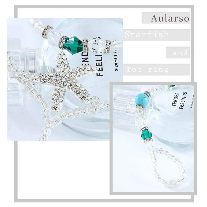 [Australia] - Aularso Layered Anklet Rhinestones Barefoot Sandals Starfish Ankle Bracelets Turquoise Ring Foot Chain Beach Feet Jewelry for Women and Girls( 2PCS) 